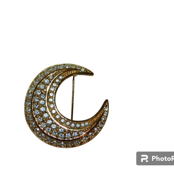 Joan Rivers Crescent Moon Gold Tone & Rhinestone Brooch Pin - Picture 3 of 8